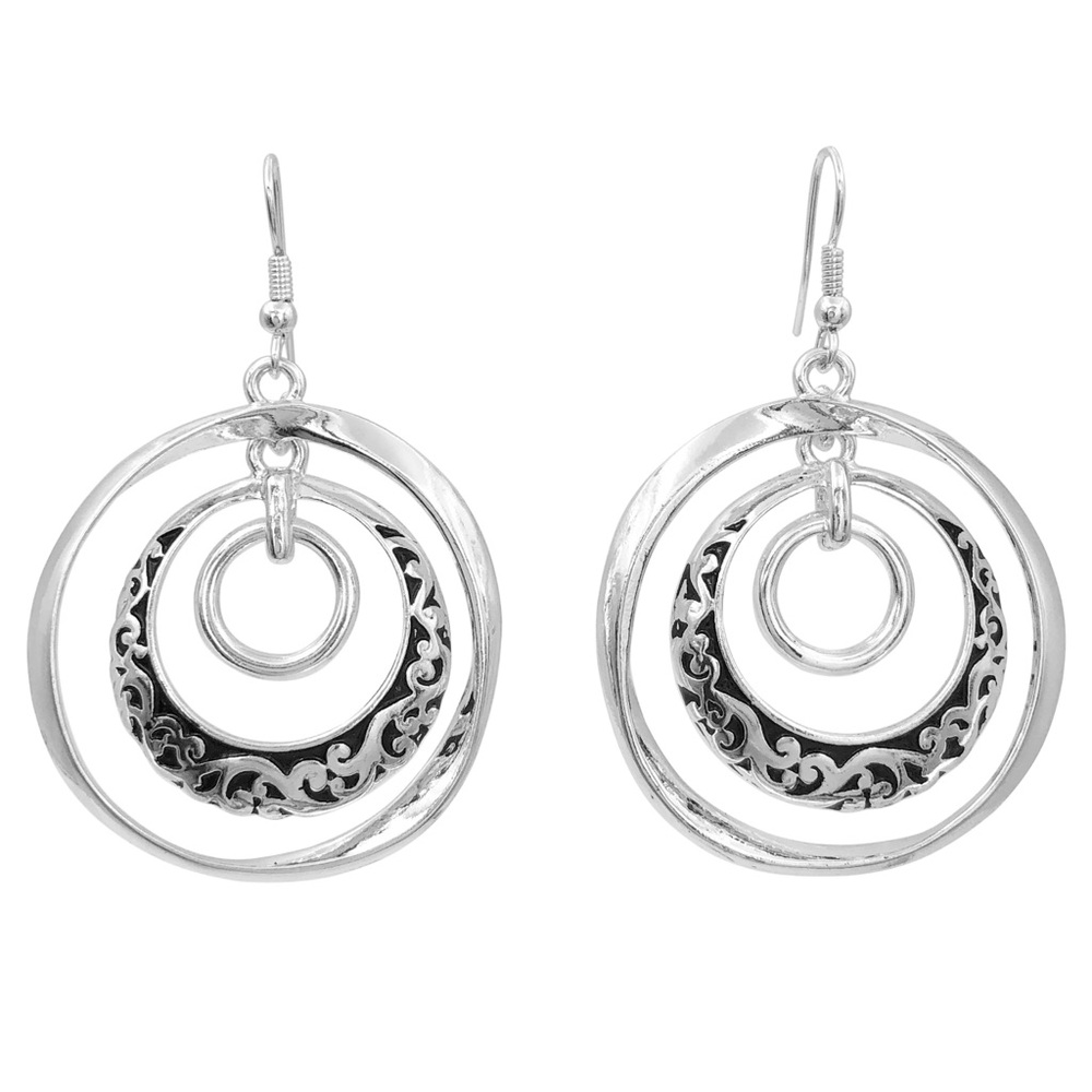 3 Layer Round Designer Inspired Swirl Silver Tone Statement Dangle Earrings
